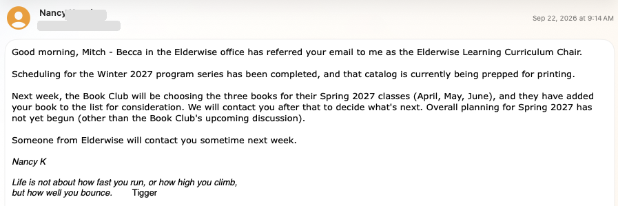 Privacy-redacted reply confirming Sacred Crossroads was added to a future selection list