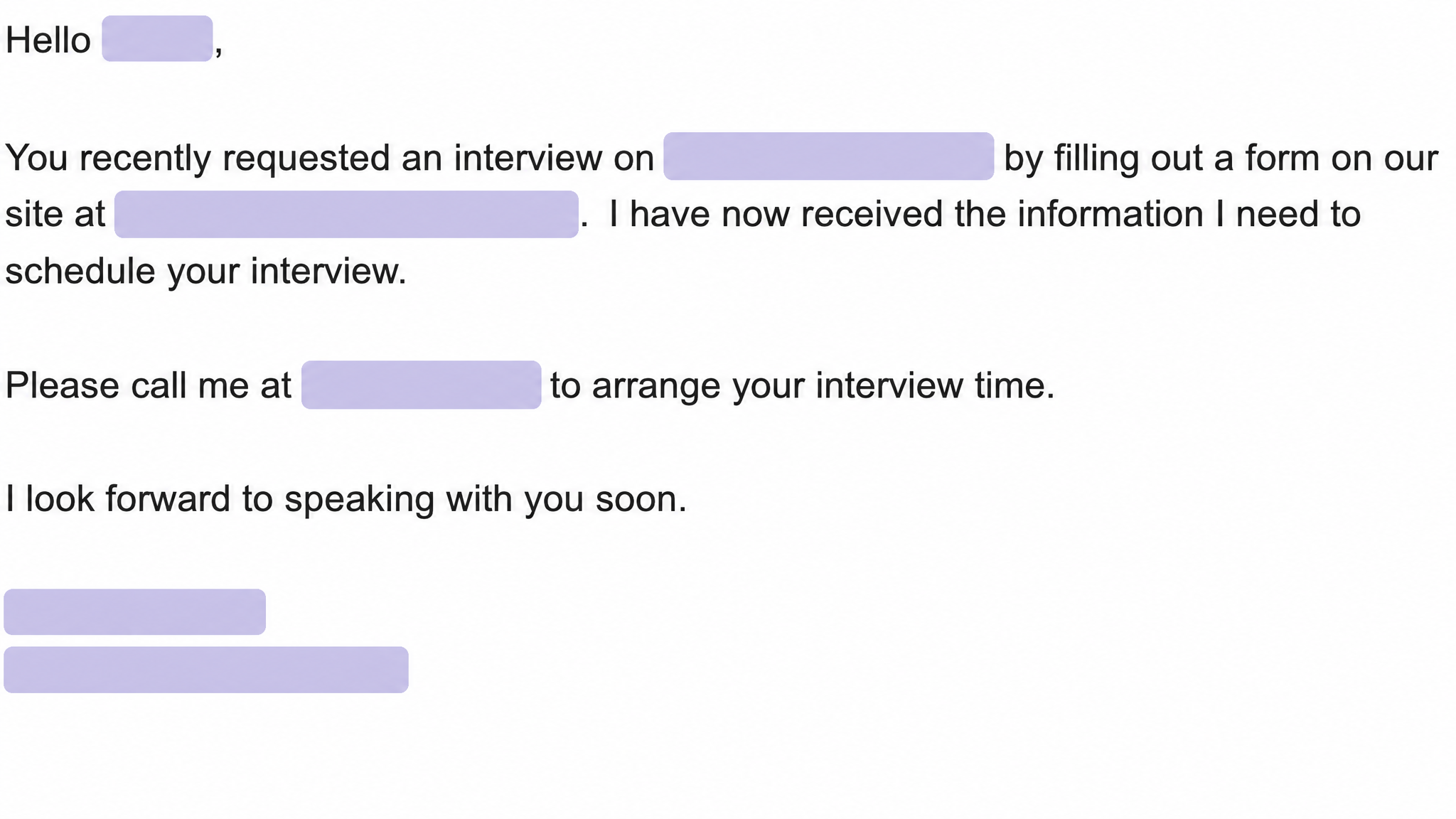Privacy-redacted reply confirming an author interview is ready to schedule